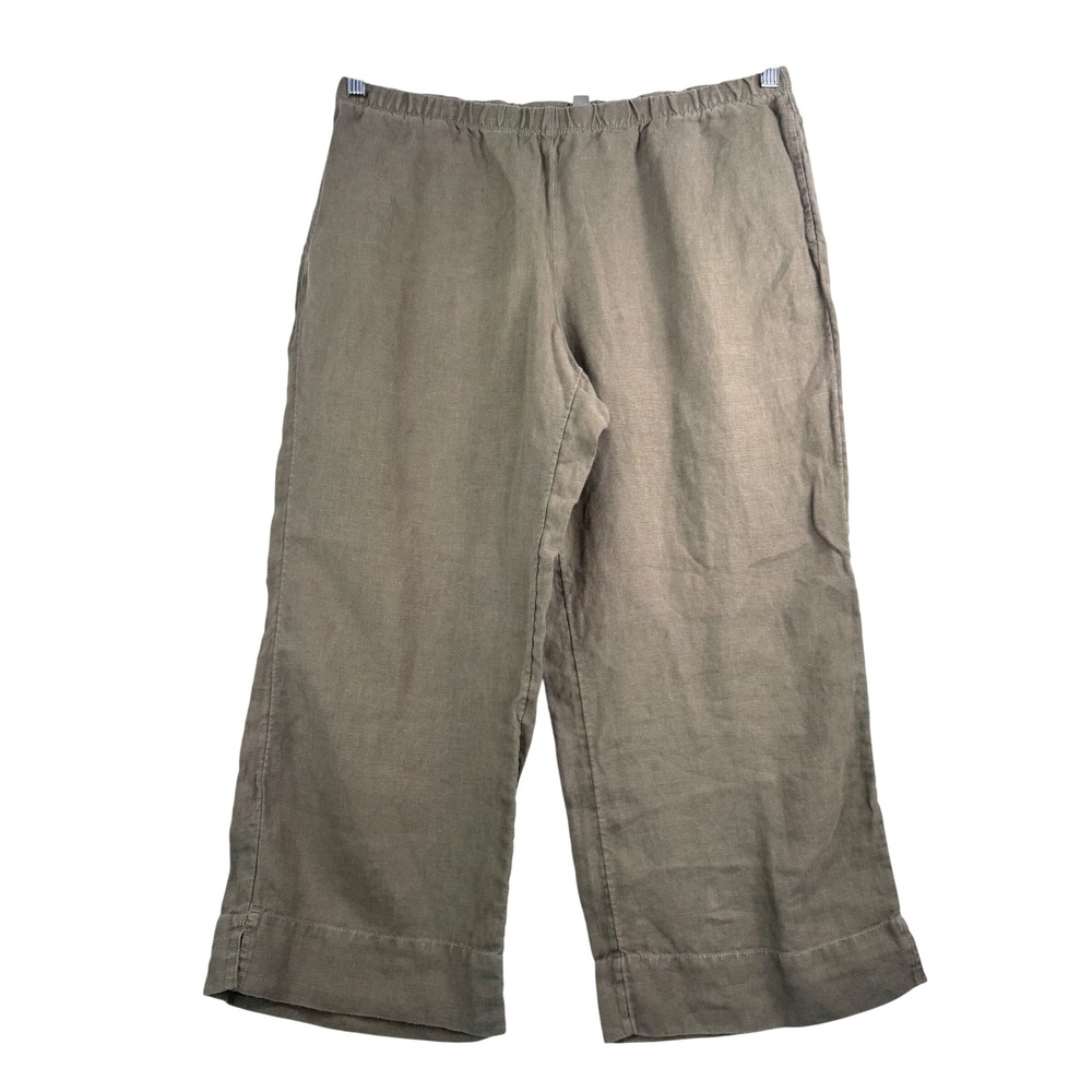 J Jill Linen Crop Pants Olive‎ Elastic Waist preppy beach relaxed 90s sz M
